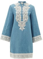 Thumbnail for your product : Gucci Lace-trimmed Stonewashed Chambray Dress - Blue