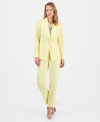 Kasper Womens Stretch Crepe Peak Lapel Jacket Printed Satin Sleeveless Blouse Core Julia Stretch Crepe Mid Rise Pants