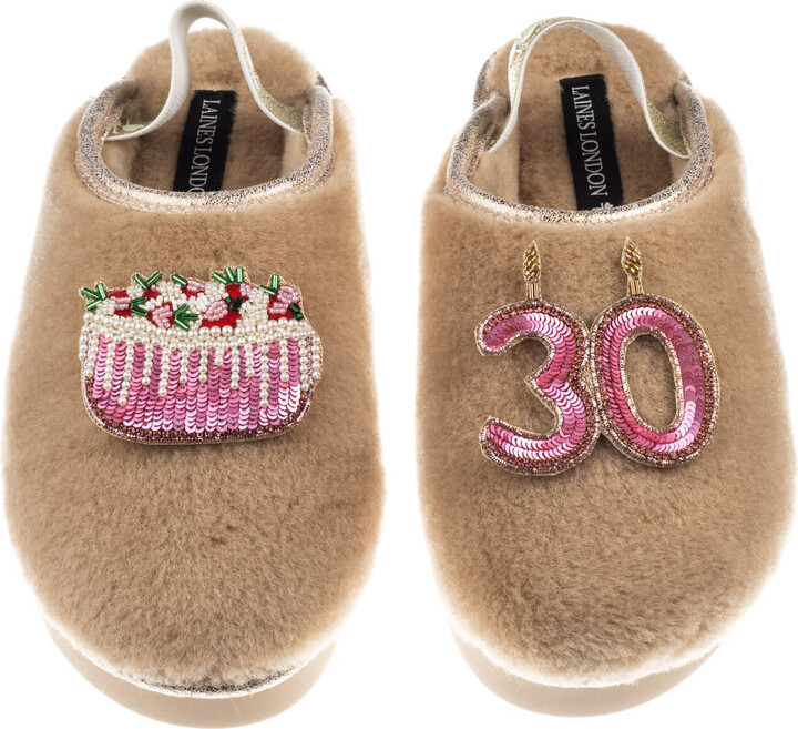 Laines London Brown / Gold / Neutrals Flatform Cloud Closed Toe Slippers With 30Th Birthday & Cake Brooches - Toffee