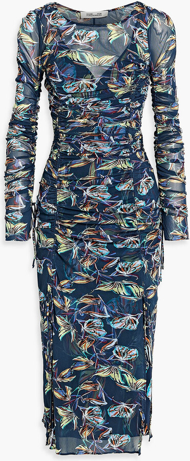 Diane von Furstenberg Corinne ruched floral-print mesh midi dress