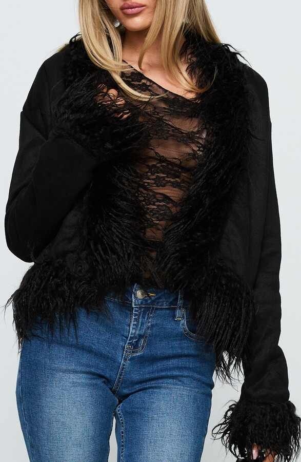 Princess Polly Lowden Faux Fur Trim Faux Suede Jacket