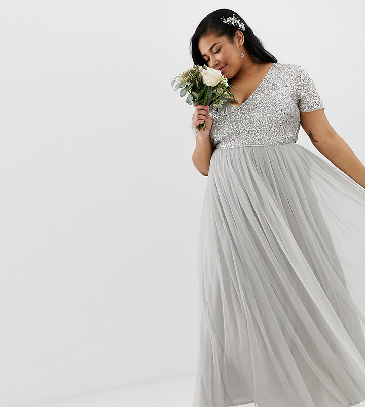 Maya Bridesmaid v neck maxi tulle dress with tonal delicate sequins in  silver - ShopStyle