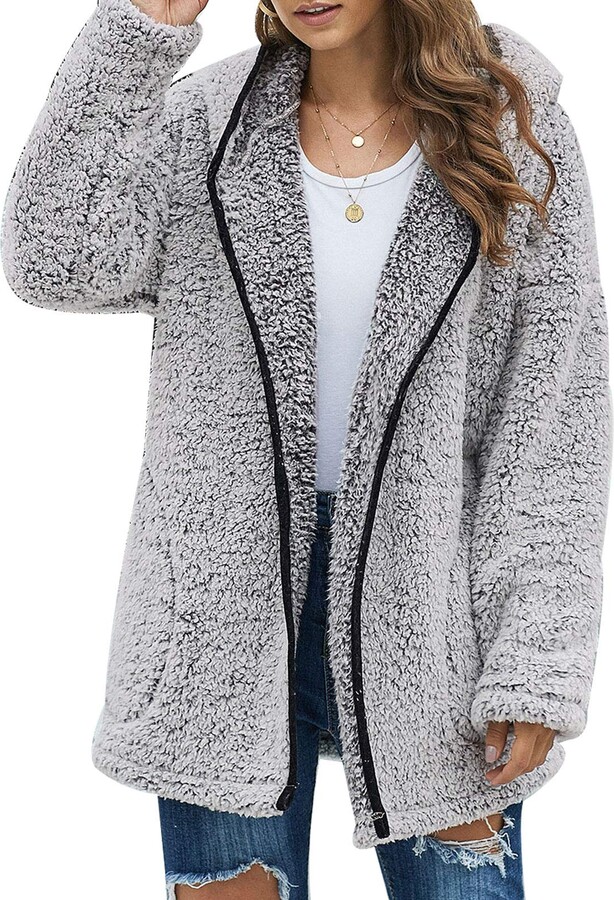 Elapsy Womens Casual Zip Up Fuzzy Cardigan Coats Fashion Sherpa Jacket Outwear with Pockets 