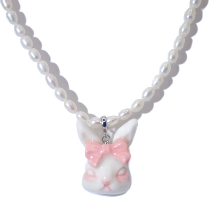 H2 Studio Pink / White Grumpy Bunny Pinky Bow Tie Freshwater Pearl Necklace