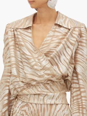 Dundas Tiger-striped Silk-blend Wrap Blouse - Womens - Silver Multi