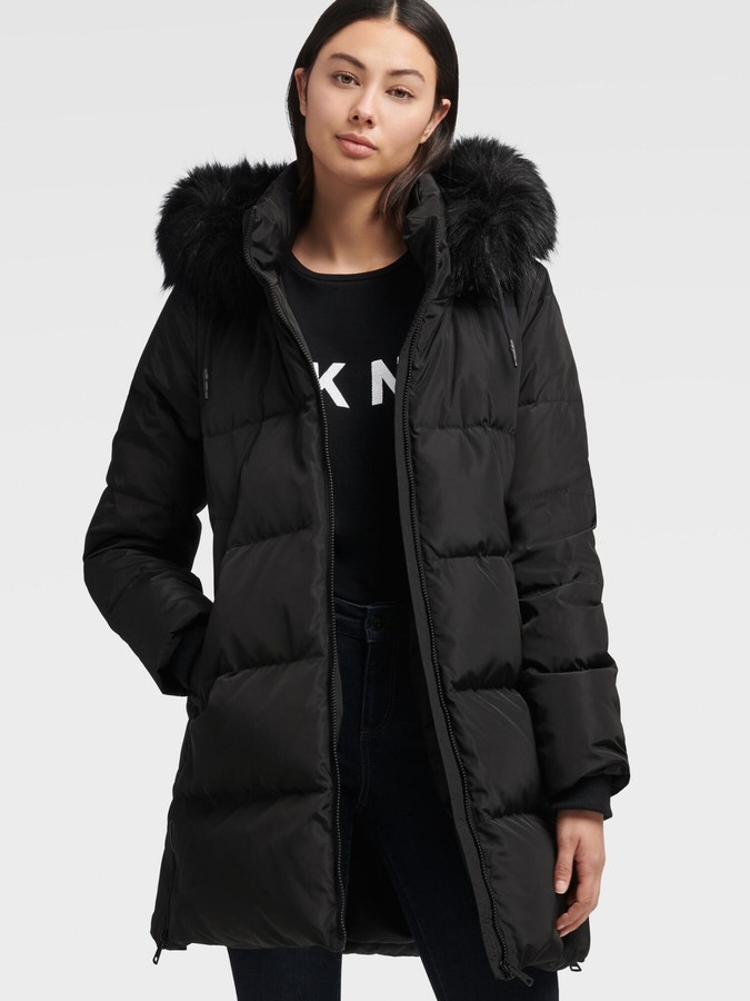 Dkny longline puffer with faux fur hood Clearance