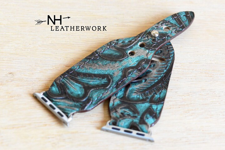 Leather Watch Band Strap, Turquoise & Brown Floral Embossed, For Apple 38/40/41mm 42/44/45/49mm Fitbit Versa 2, Samsung Galaxy