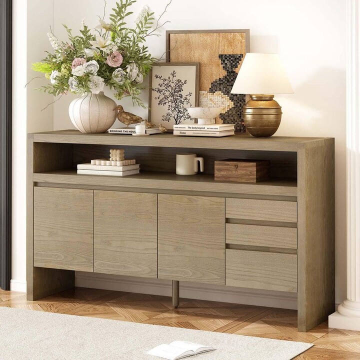 Natural MDF 60 in. Farmhouse Buffet Cabinet Coffee Bar Cabinet Sideboard Buffet Table with Drawers and Open Shelf