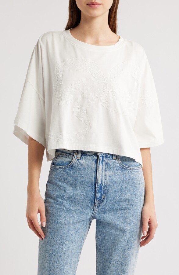 LoveShackFancy Angelle Lace EmbellishedCrop Cotton T-Shirt