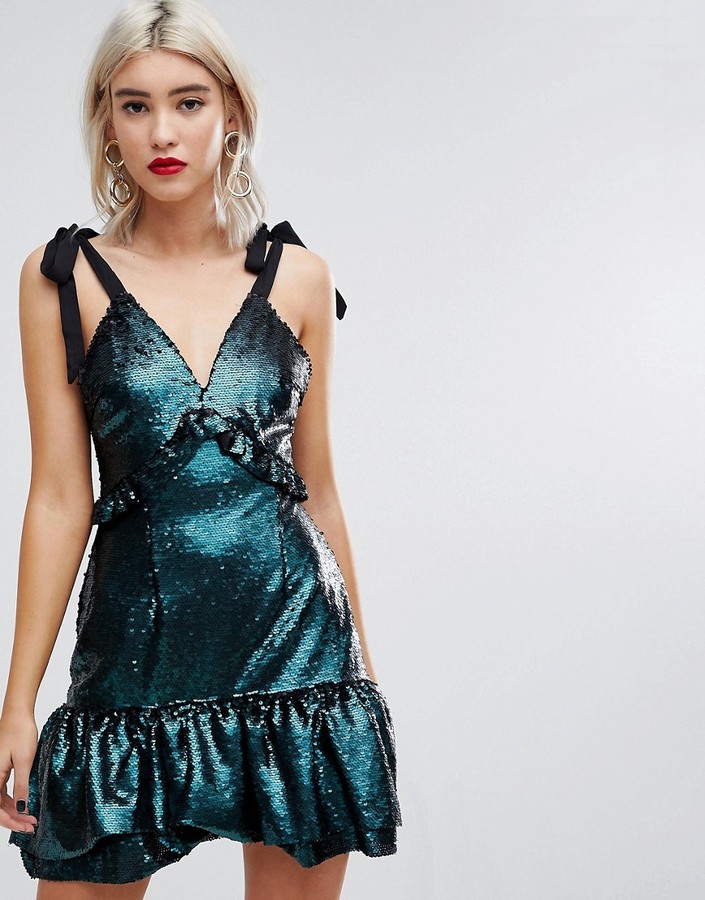 Lost Ink Dress With Ribbon Tie Sleeves And Ruffles In Sequin - ShopStyle