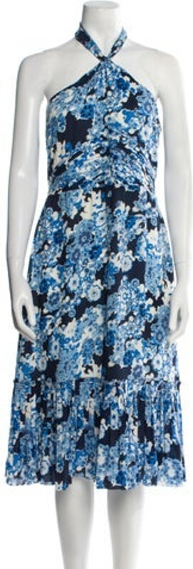 Tory Burch Silk A-Line Dress Blue Floral Print Scalloped & Pleated Accents Halterneck Concealed Zip Closure at Side Designer