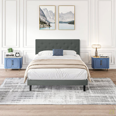 Mercer41 Twin Size Upholstered Platform Bed Frame With Modern Button Tufted Linen Fabric Headboard No Box Spring Needed Wood Slat Support Easy Assembly