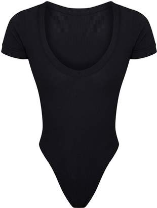 PrettyLittleThing Shape Black Ribbed Plunge Short Sleeve Bodysuit