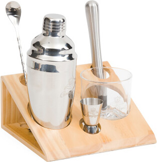 TJMAXX 6Pc Bar Tool Set With Lasered Whiskey Glass And Slanted Wood Base For Men