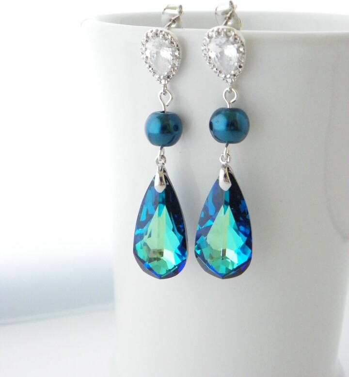 Etsy Peacock Wedding Earrings Bermuda Blue Swarovski Earring Royal Pearl Bridal Teardrop Art Deco Jewelry