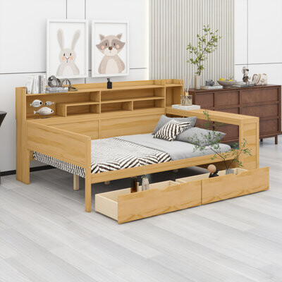 Lark Manor Wooden Daybed With Storage ShelvesTwo Storage Drawers And Study Desk