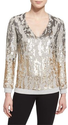 Jenny Packham Long-Sleeve Sequined Burnout Top, Dawn Gold