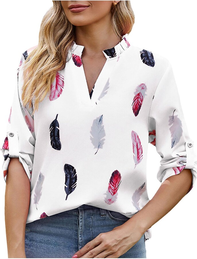 FunAloe V Neck Feather Printed Blouses Pullover Casual Hallow Out Womens Plus  Size Tunic Tops Button Up Pleated Jumper Fall Spring Ladies Jumpers 3/4  Long Sleeve Tops for Work Office Business - ShopStyle