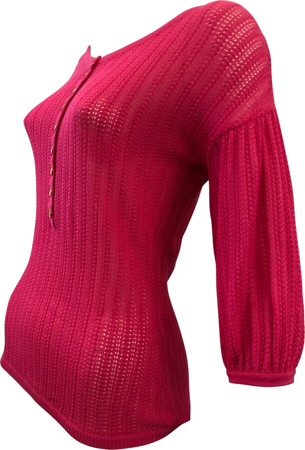 JC de CASTELBAJAC Women's Ribbed Fuchsia Cotton Top With Gold Buttons