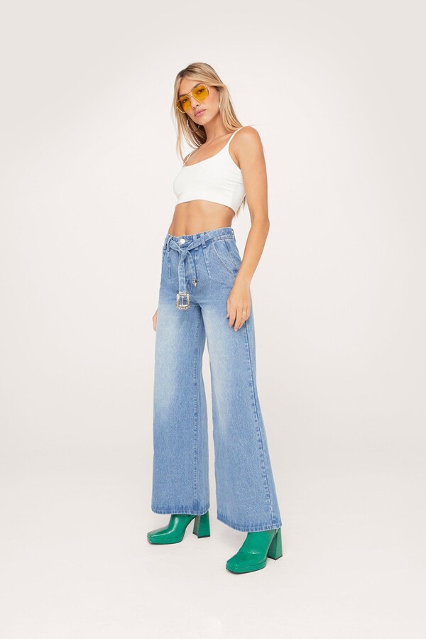 Nasty Gal Womens Wide Leg Belted High Waist Denim Jeans - ShopStyle