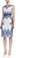 Thumbnail for your product : David Meister Cap Sleeve Baroque Print Dress, Blue/White