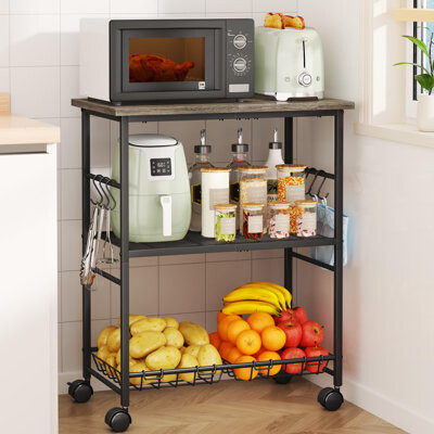 Rolling Kitchen Microwave Cart,3 Tier Microwave Table Stand With Storage Basket And Hooks, Kitchen Utility Cart On Wheels