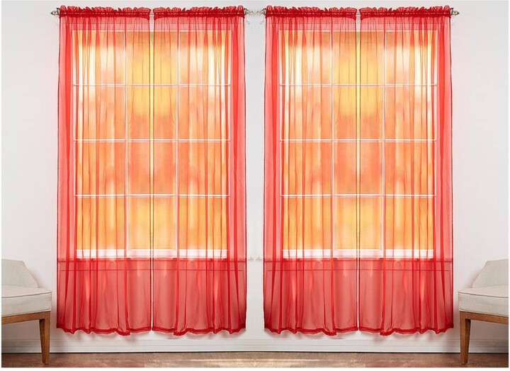 J&V Textiles Solid Red 55 in. W x 84 in. L Rod Pocket Sheer Window Curtain Panel (Set of 4)