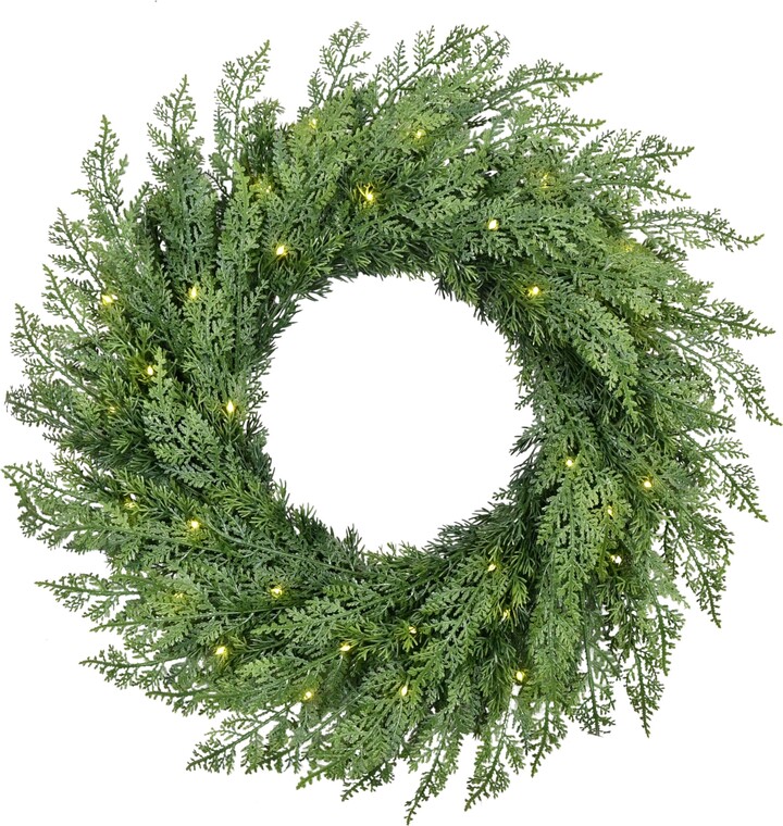 Puleo International 24" Pre-Lit Battery-Operated Artificial Flocked Wreath with Twinkle Rice Lights