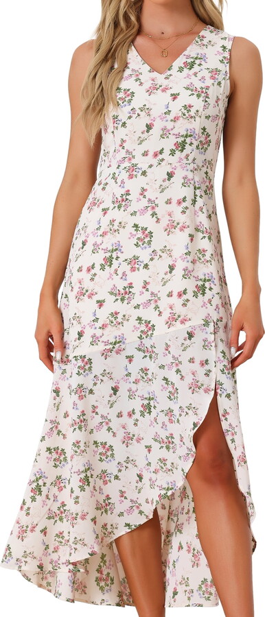 DARING DIVA Floral High Low Side Slit Midi Dress L Beige
