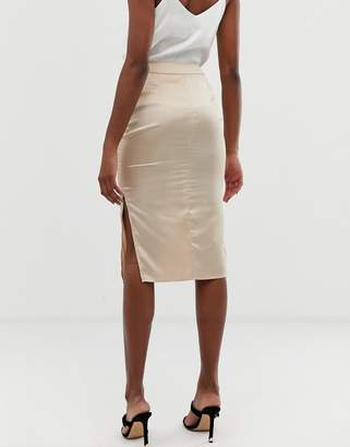 Missguided Petite Tall satin midi skirt with side split in beige