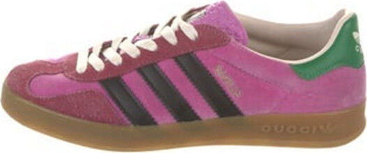 Gucci x Adidas Velvet Low Top Sneakers Pink Striped Leather, Rubber & Suede Trim Leather & Embroidered Accents Round-Toes Lace-Up Closure at Uppers