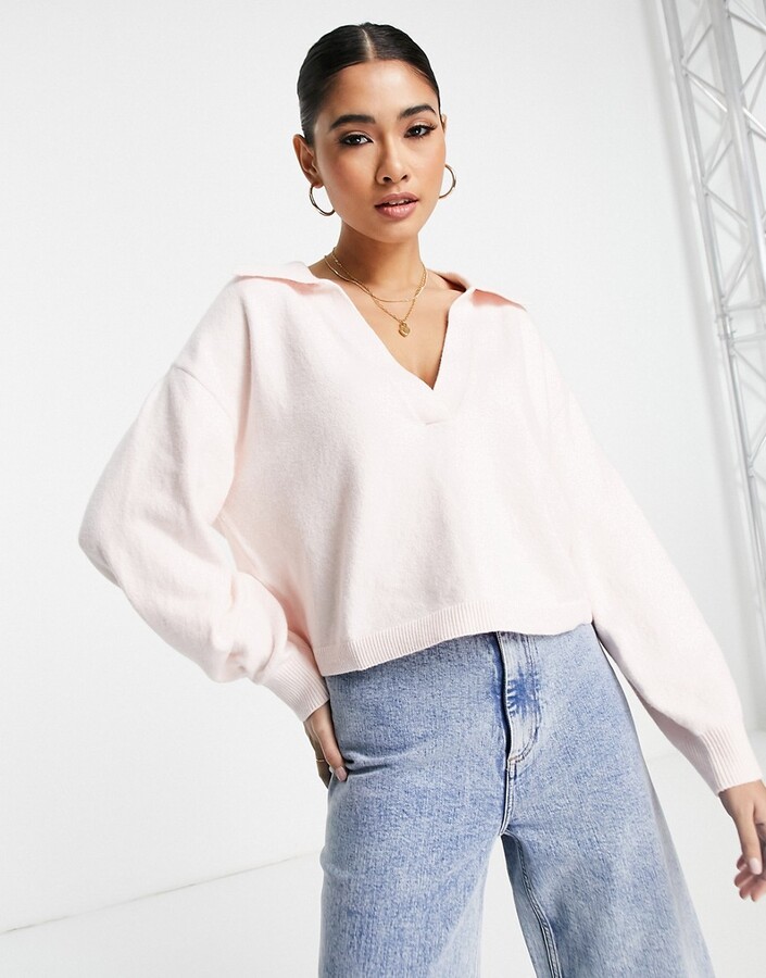 And other stories v neck jumper with collar in pink ShopStyle