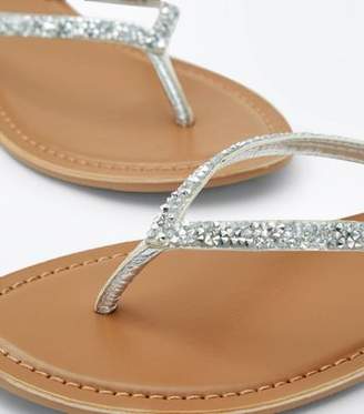 New Look Silver Crystal Embellished Flip Flops
