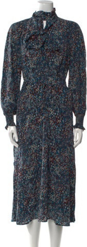 Cefinn Silk A-Line Dress Blue Floral Print Long Sleeve with Turtleneck