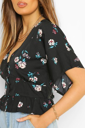 boohoo Floral Flounced Hem Button Cropped Blouse