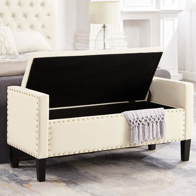 Armrest Button Storage Bench - Black Velvet Upholstery, Wooden For Living Room, Entry Spacious Internal Area Upholstered With Seat, Solid Wood Area, L
