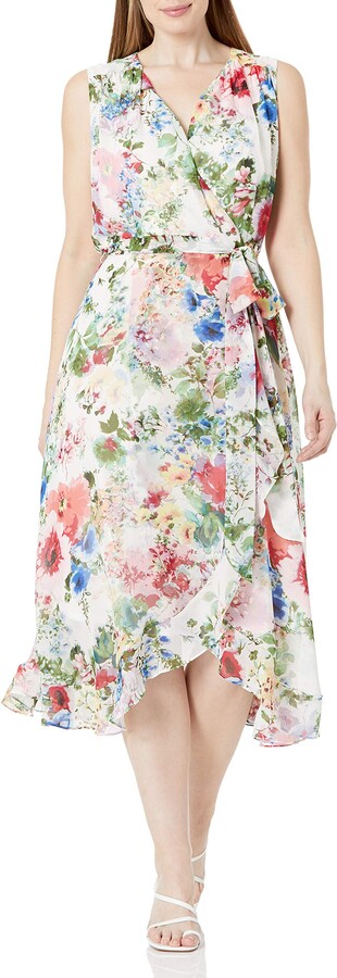 Gabby Skye womens Plus Size Sleeveless V-neck Ruffle Faux Wrap Midi Floral  Print Chiffon Dress - ShopStyle