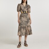Thumbnail for your product : River Island Womens Beige short sleeve animal shirt midi dress