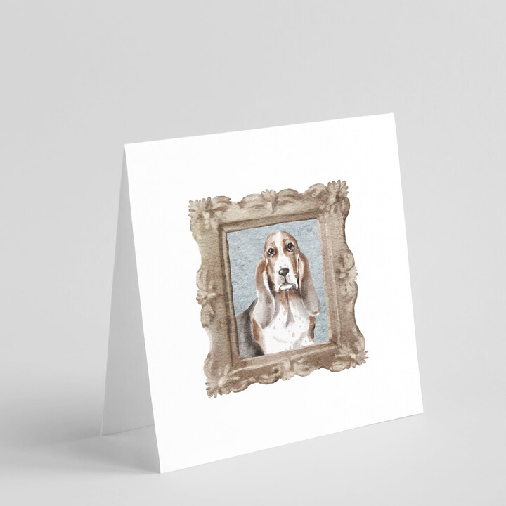 Basset Hound Tricolor Front View 2 Square Greeting Cards and Envelopes Pack of 8 5 in x 5 in
