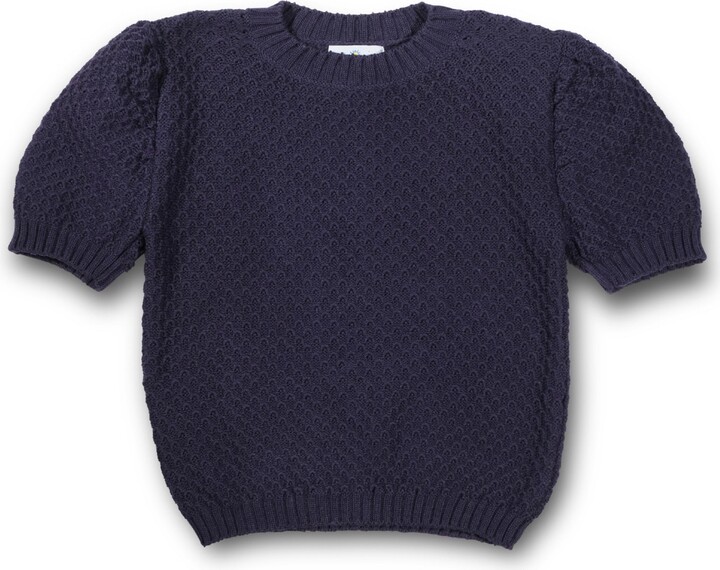 Florence Eiseman Big Girls Navy Short Sleeve Sweater With Puff Sleeves