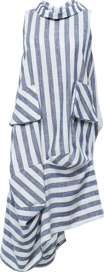 Metamorphoza White / Blue Asymmetrical Striped Dress With Side Pockets