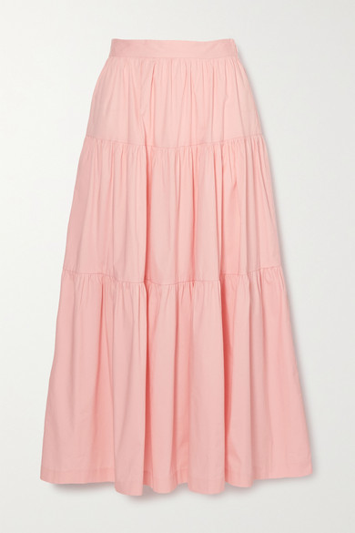 STAUD Sea Tiered Stretch-cotton Poplin Maxi Skirt - Pink - ShopStyle
