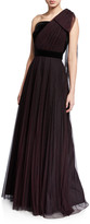 Thumbnail for your product : Shoshanna Jenise Dot One-Shoulder Velvet Trim A-Line Gown