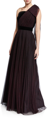 Shoshanna Jenise Dot One-Shoulder Velvet Trim A-Line Gown