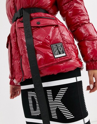 DKNY sport high shine padded jacket with belt detail and hood