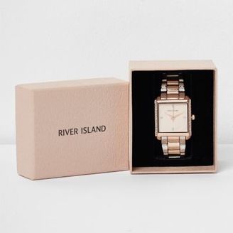 River Island Womens Rose gold tone diamante pave square watch