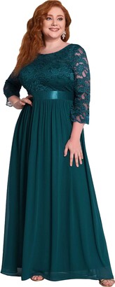 Ever Pretty Ever-Pretty Women's A Line 3/4 Sleeves Round Neck Lace Floor Length Elegant Plus Size Formal Dresses Dark Green 26UK