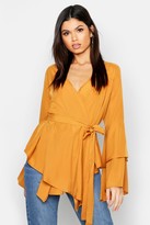 Thumbnail for your product : boohoo Tie Waist Frill Sleeve Wrap Blouse