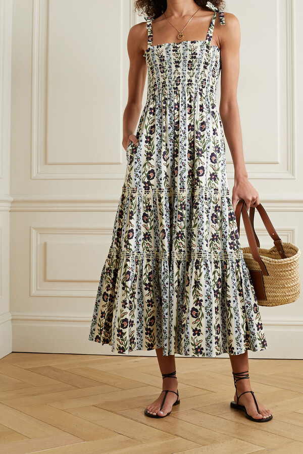 Tory Burch Shirred Tiered Floral-print Cotton-blend Poplin Dress ...
