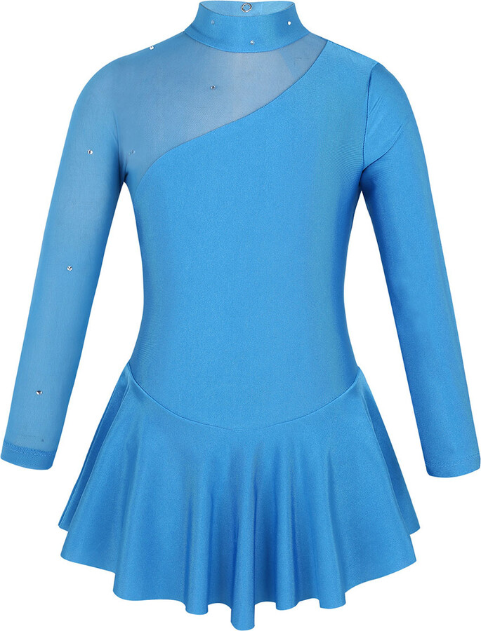 TiaoBug GirlsLong Sleeves Gymnastic Figure Ice Skating Dress Rhinestone Mesh Tulle Splice Leotard Dress Ballroom Ballet Dance Clothes